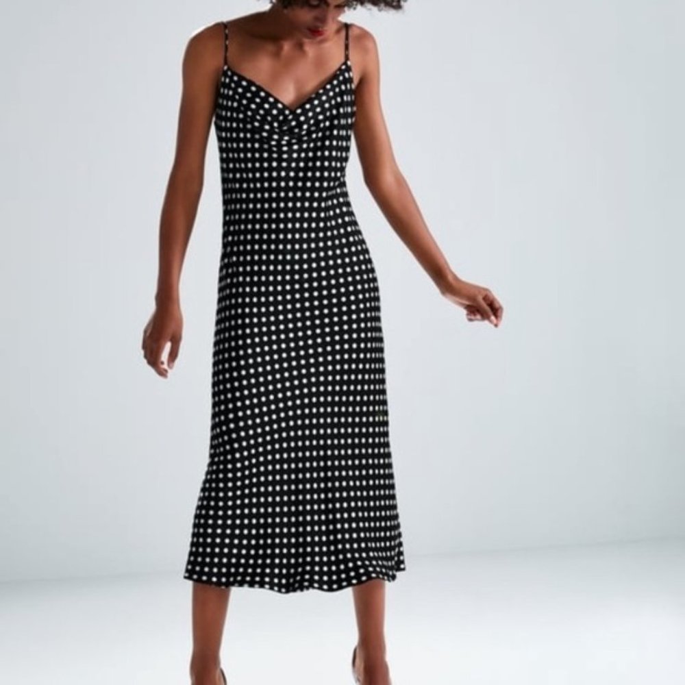 Zara black & white polka dot midi slip dress